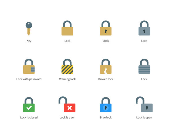 Lock and key color icons on white background.