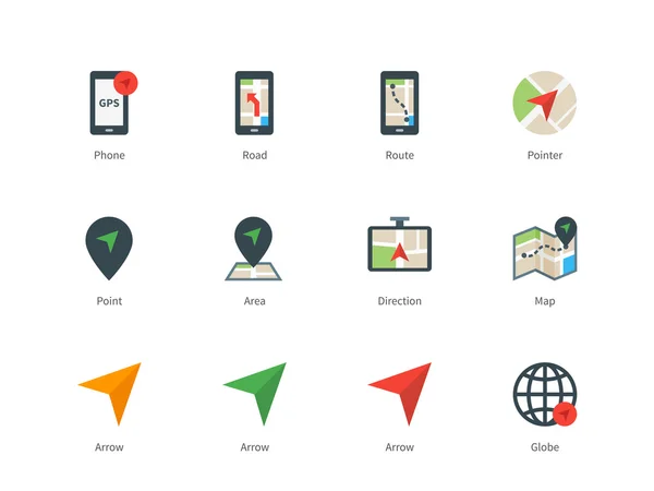 Navigateur et icônes de couleur GPS sur fond blanc . — Image vectorielle