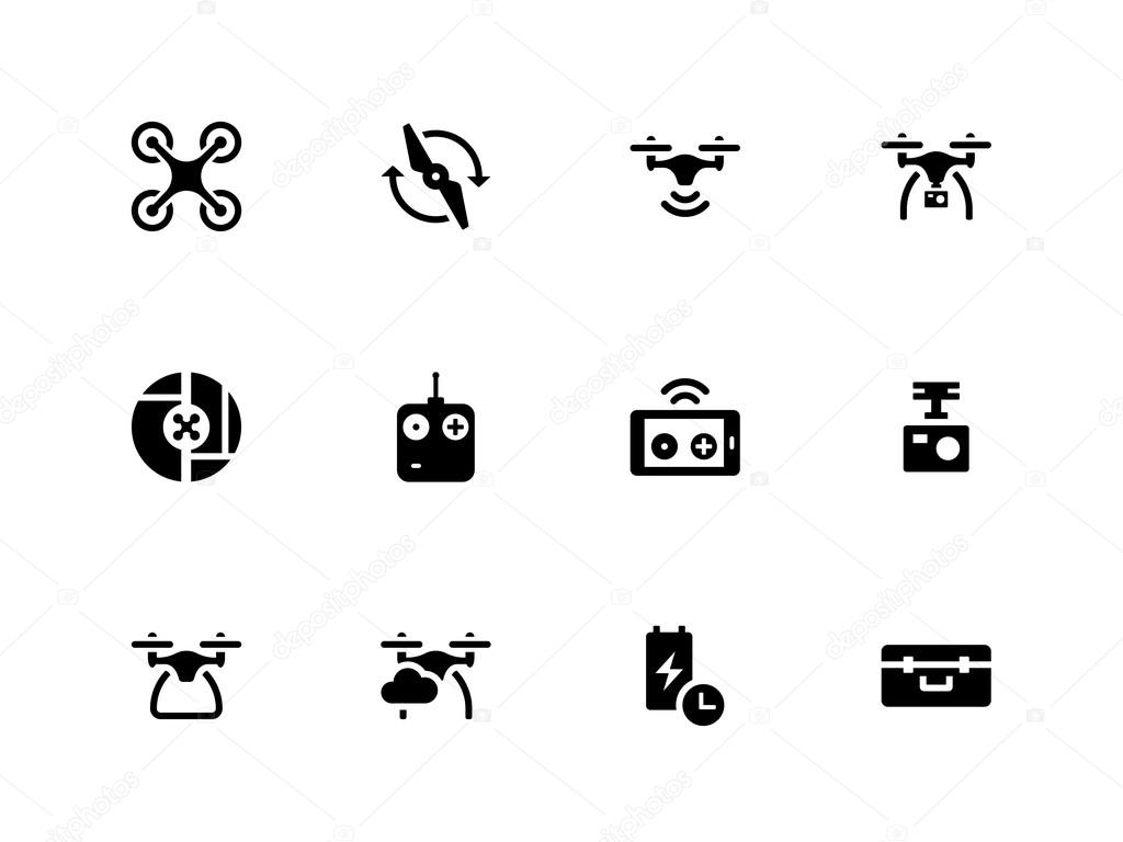 Quadcopter and flying drone icons on white background.