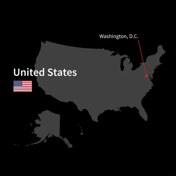 Szczegółowa mapa Stanów Zjednoczonych i stolicy Washington z flagą na czarnym tle — Wektor stockowy
