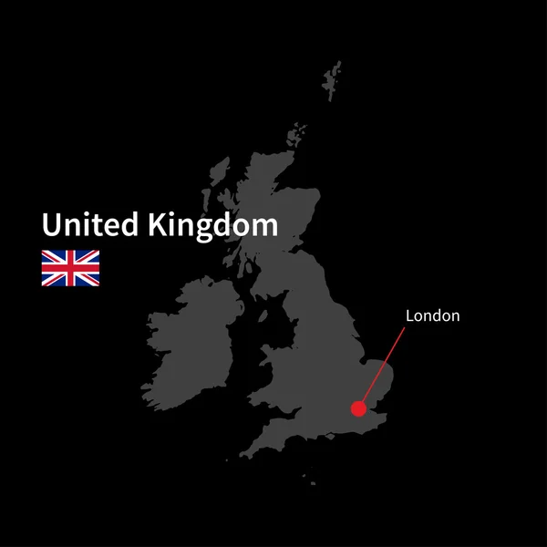 Mappa dettagliata di Regno Unito e capitale Londra con bandiera su sfondo nero — Vettoriale Stock