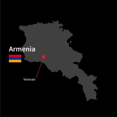 Ermenistan ve başkenti Yerevan siyah arka plan üzerine bayrak ile Detaylı Haritası