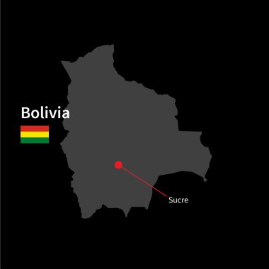 Detailed map of Bolivia and capital city Sucre with flag on black background
