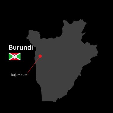 Detailed map of Burundi and capital city Bujumbura with flag on black background