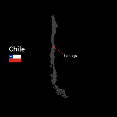 Detailed map of Chile and capital city Santiago with flag on black background