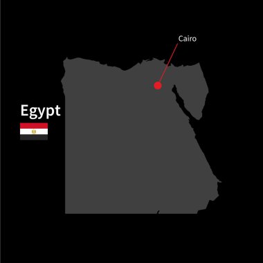 Detailed map of Egypt and capital city Cairo with flag on black background