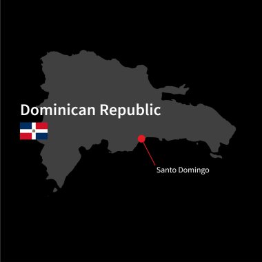 Detailed map of Dominican Republic and capital city Santo Domingo with flag on black background