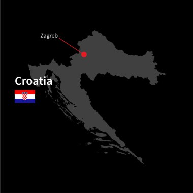 Detailed map of Croatia and capital city Zagreb with flag on black background