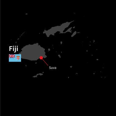 Detailed map of Fiji and capital city Suva with flag on black background