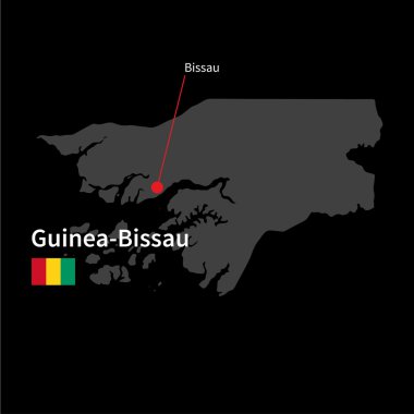 Detailed map of Guinea-Bissau and capital city Bissau with flag on black background