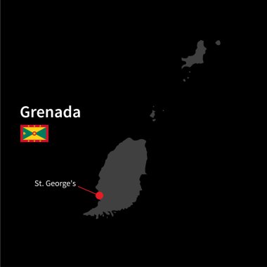 Detailed map of Grenada and capital city St. Georges with flag on black background