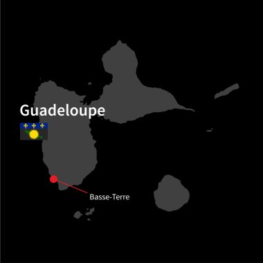 Detailed map of Guadeloupe and capital city Basse-Terre with flag on black background