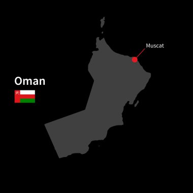 Detailed map of Oman and capital city Muscat with flag on black background