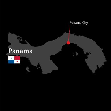 Detailed map of Panama and capital city Panama City with flag on black background