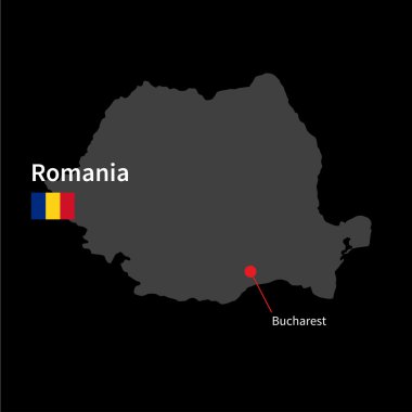 Detailed map of Romania and capital city Bucharest with flag on black background