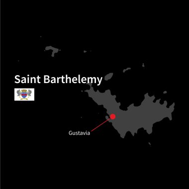 Detailed map of Saint Barthelemy and capital city Gustavia with flag on black background