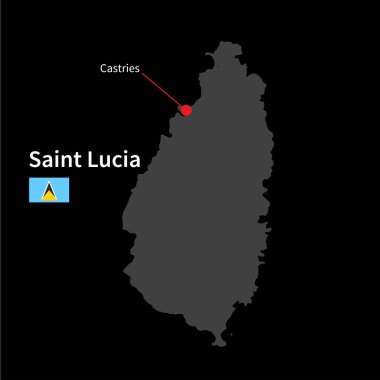 Detailed map of Saint Lucia and capital city Castries with flag on black background