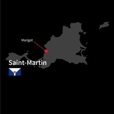 Detailed map of Saint-Martin and capital city Marigot with flag on black background