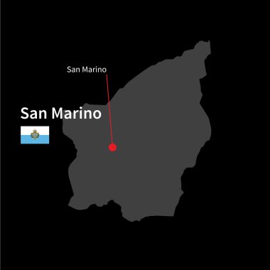 Detailed map of San Marino and capital city San Marino with flag on black background