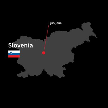 Detailed map of Slovenia and capital city Ljubljana with flag on black background