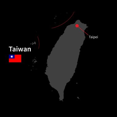 Detailed map of Taiwan and capital city Taipei with flag on black background