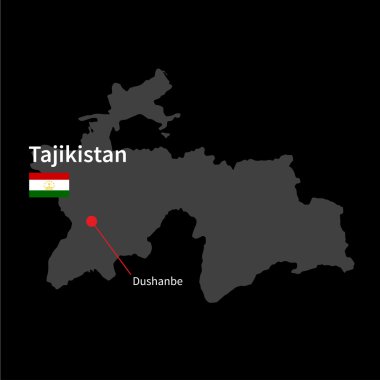 Detailed map of Tajikistan and capital city Dushanbe with flag on black background