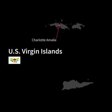 Detailed map of U.S. Virgin Islands and capital city Charlotte Amalie with flag on black background