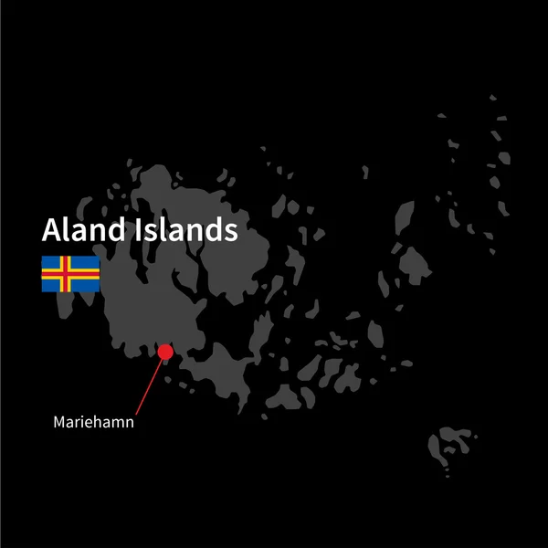 Gedetailleerde kaart van Aland eilanden en hoofdstad Mariehamn met vlag op zwarte achtergrond — Stockvector