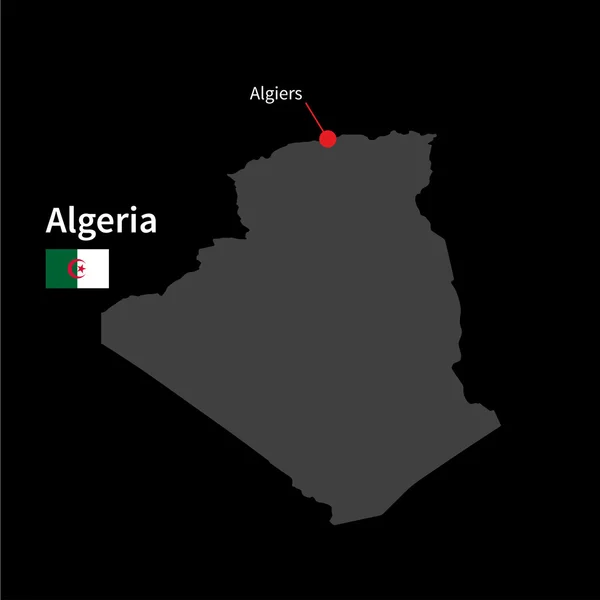 Detaillierte Karte von Algerien und der Hauptstadt Algeriens mit Fahne auf schwarzem Hintergrund — Stockvektor