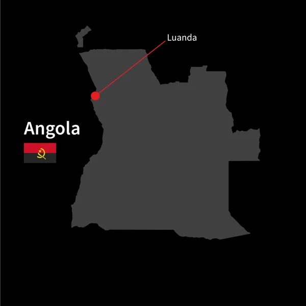 Detailed map of Angola and capital city Luanda with flag on black background — Stock Vector