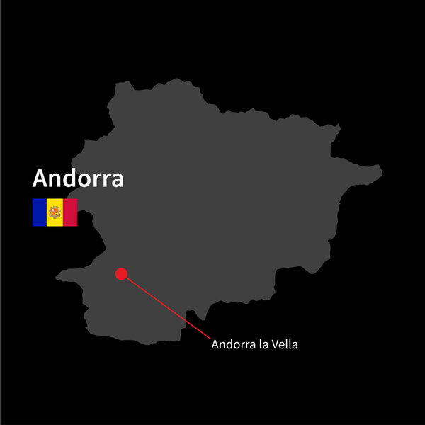 Detailed map of Andorra and capital city Andorra la Vella with flag on black background
