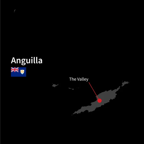 Gedetailleerde kaart van Anguilla en hoofdstad The Valley met vlag op zwarte achtergrond — Stockvector