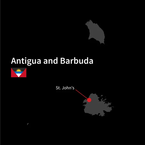 Mapa detallado de Antigua y Barbuda y ciudad capital St. Johns con la bandera sobre el fondo negro — Vector de stock