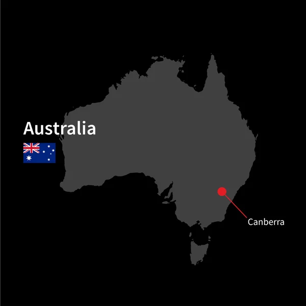 Detaillierte Karte von Australien und der Hauptstadt Canberra mit Flagge auf schwarzem Hintergrund — Stockvektor