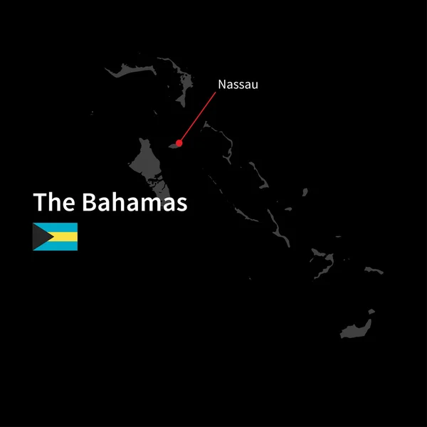 Mapa detallado de Bahamas y capital Nassau con la bandera sobre el fondo negro — Vector de stock