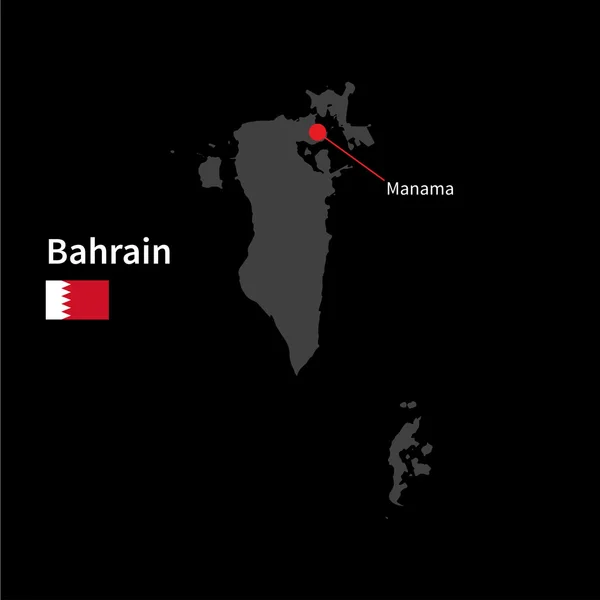 Detaillierte Karte von Bahrain und der Hauptstadt Manama mit Flagge auf schwarzem Hintergrund — Stockvektor