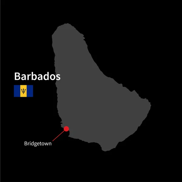 Mapa detallado de Barbados y capital Bridgetown con la bandera sobre el fondo negro — Vector de stock