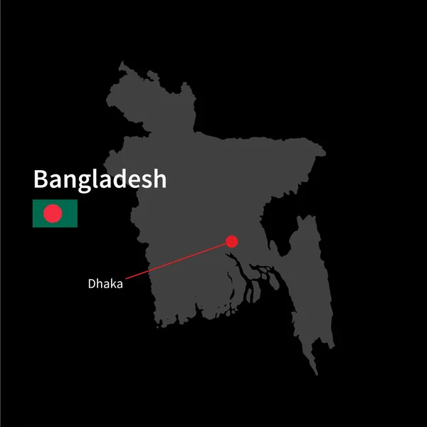Mapa detallado de Bangladesh y capital Dhaka con la bandera sobre el fondo negro — Vector de stock