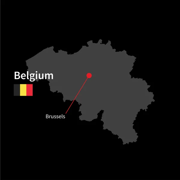 Gedetailleerde kaart van België en hoofdstad Brussel met vlag op zwarte achtergrond — Stockvector