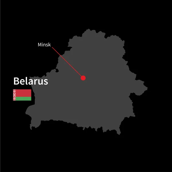 Mapa detallado de Bielorrusia y capital Minsk con la bandera sobre el fondo negro — Vector de stock