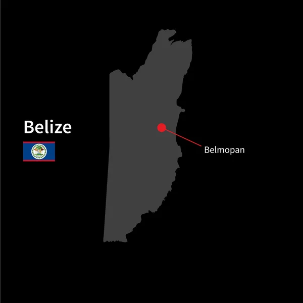 Detaljerad karta över Belize och huvudstaden Belmopan med flaggan på svart bakgrund — Stock vektor