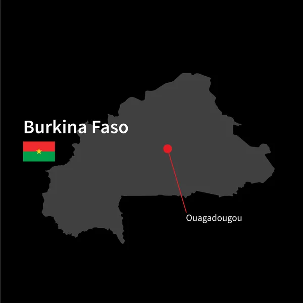 Detailed map of Burkina Faso and capital city Ouagadougou with flag on black background — Stock vektor