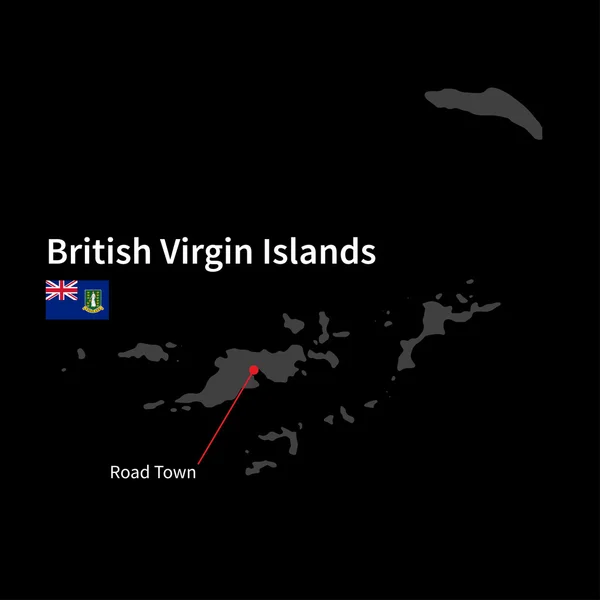 Mapa detallado de Islas Vírgenes Británicas y ciudad capital Road Town con la bandera sobre el fondo negro — Archivo Imágenes Vectoriales