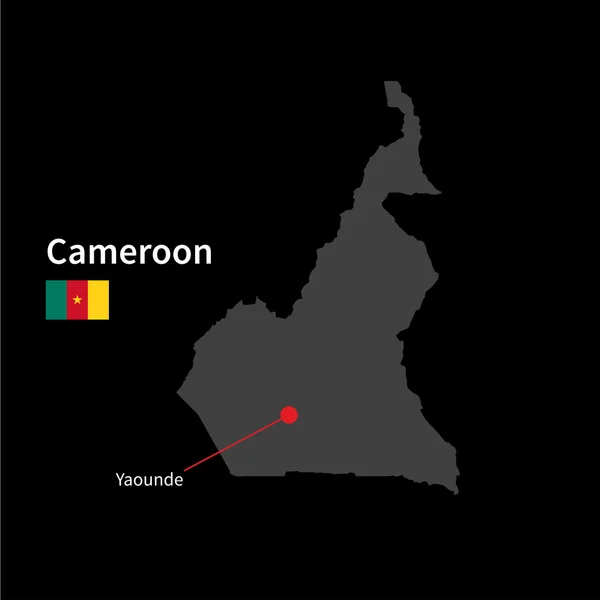 Detailed map of Cameroon and capital city Yaounde with flag on black background — Stock Vector