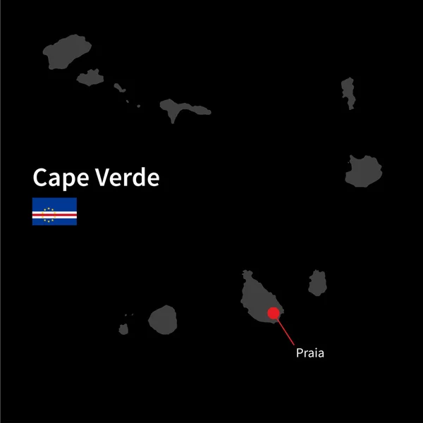 Mapa detallado de Cabo Verde y capital Praia con la bandera sobre el fondo negro — Vector de stock