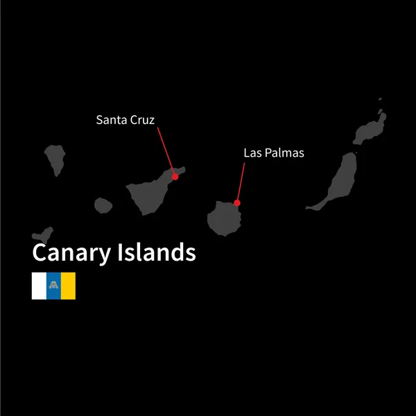 Mapa detallado de Islas Canarias y capital Santa Cruz con la bandera sobre el fondo negro — Vector de stock