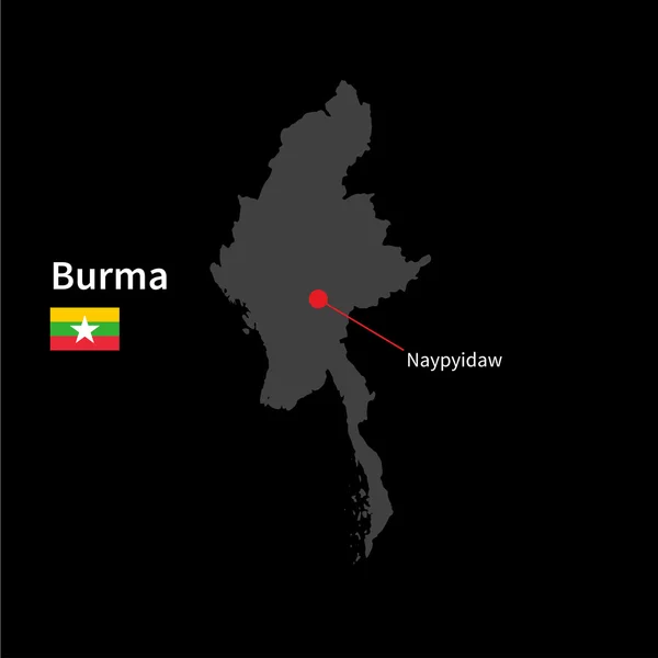 Mapa detallado de Birmania y capital Naypyidaw con la bandera sobre el fondo negro — Vector de stock