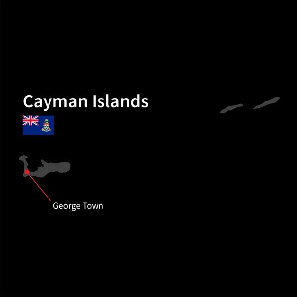 Detalhou mapa de Ilhas Cayman e capital George Town com bandeira em fundo preto —  Vetores de Stock