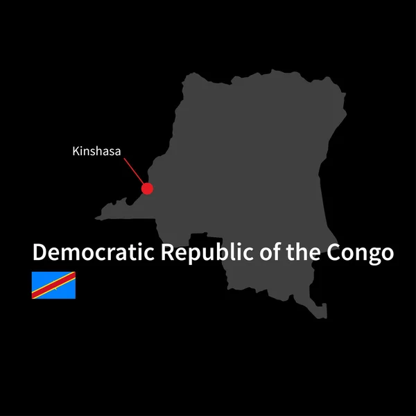 Mapa detallado de República Democrática del Congo y capital Kinshasa con la bandera sobre el fondo negro — Vector de stock