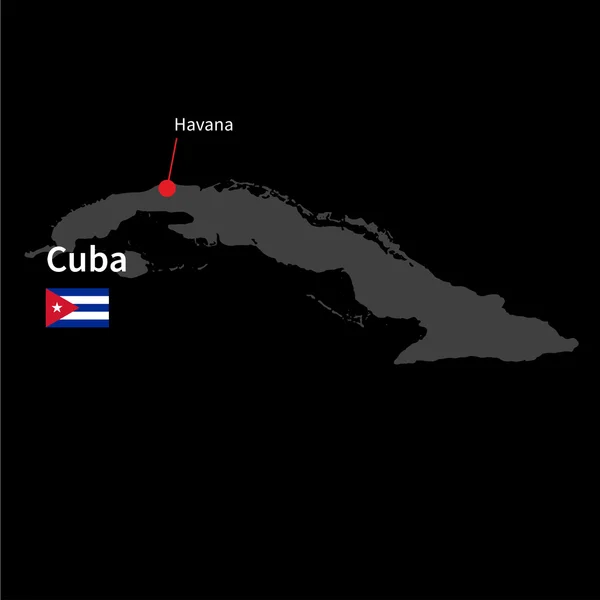 Mappa dettagliata di Cuba e capitale L'Avana con bandiera su sfondo nero — Vettoriale Stock